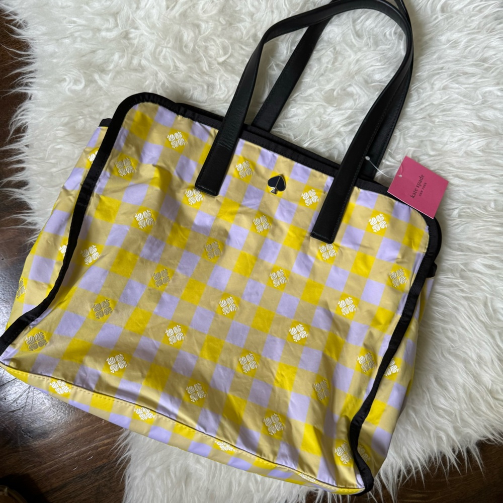 Kate Spade Morley gingham tote in yellow & lilac NEW NWT large tote - Picture 4 of 16